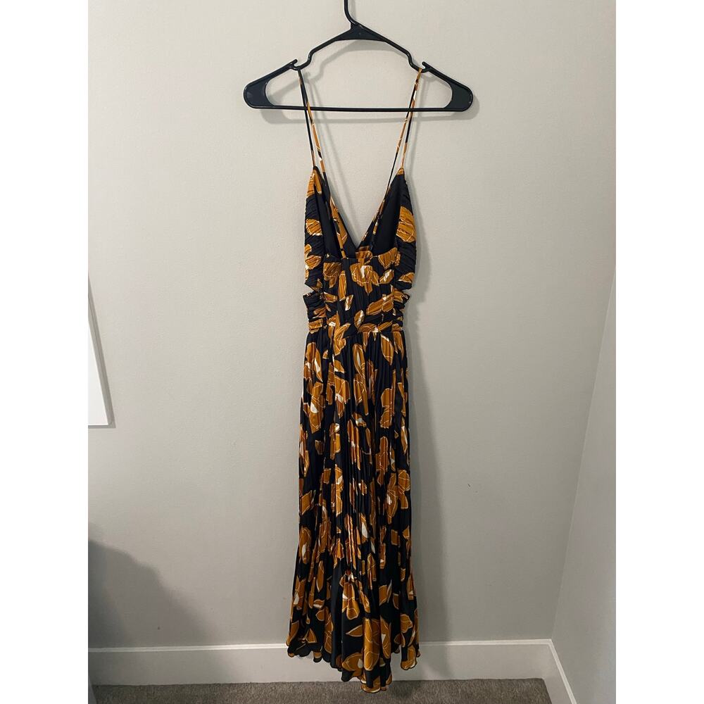 NWT Jonathan Simkhai Pleated Floral Midi Dress Black Gold Size 8 - Picture 3 of 4